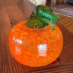 Handcrafted Blown Art Glass Pumpkin Decor - Orange and Green Artist Signed
